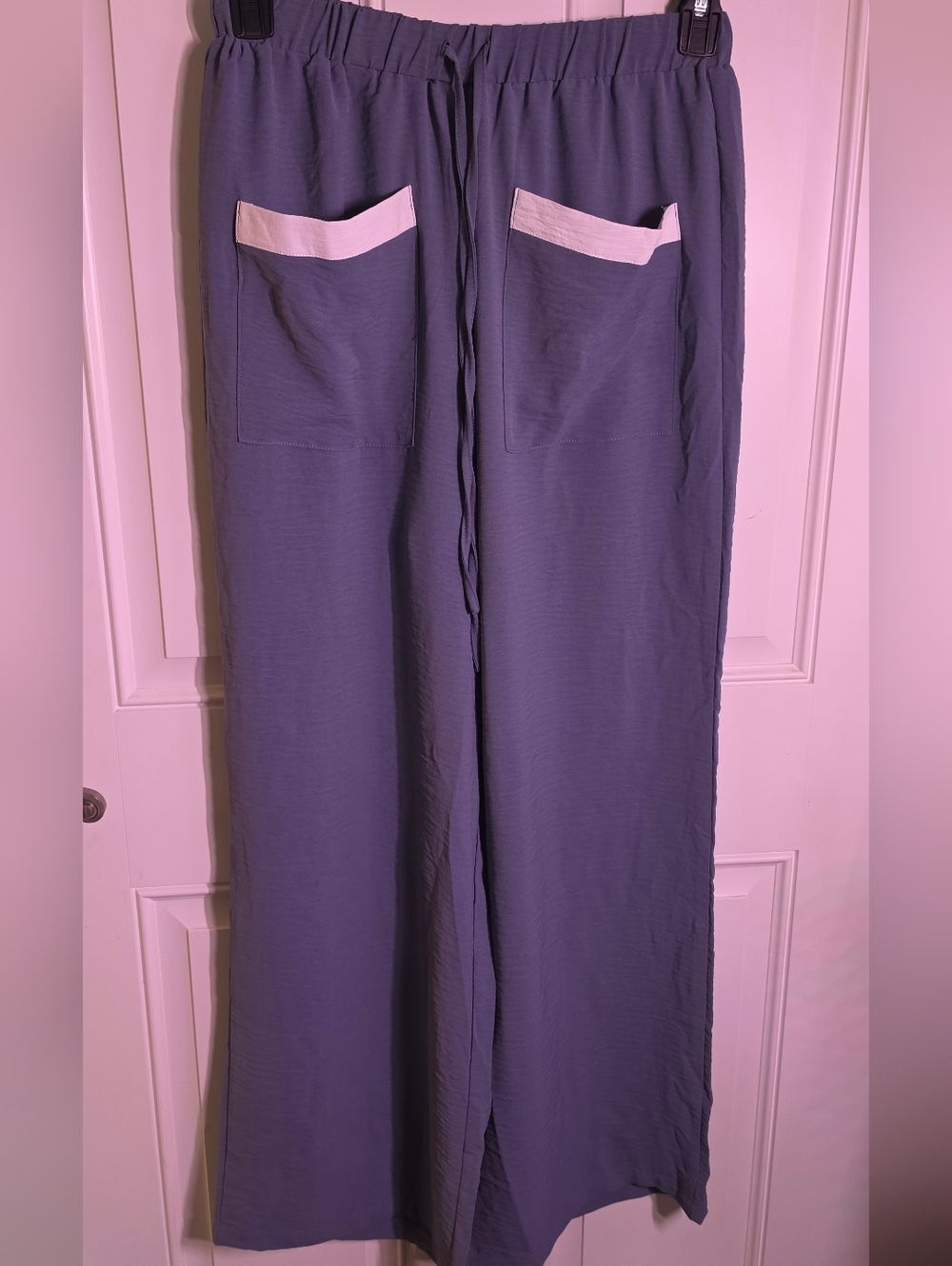 Wide Leg Pull-On Pants with Contrast Pocket Trim - Dusty Blue/Grey